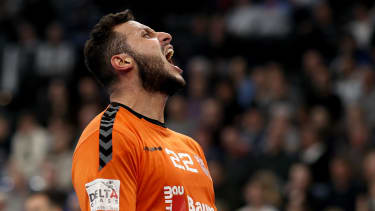 Khalifa Ghedbane, goaltender of CS Dinamo Bucuresti reacts during the EHF Champions League match between THW Kiel and CS Dinamo Bucuresti at Wunderino Arena on March 29, 2023 in Kiel, Germany. (Photo by Martin Rose/Getty Images)
