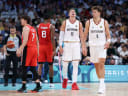 LILLE, FRANCE - JULY 27: Moritz Wagner #13 of Team Germany and Franz Wagner #9 of Team Germany react during the Men's Group Phase - Group A match between Australia and Spain on day one of the Olympic Games Paris 2024 at Pierre Mauroy Stadium on July 27, 2024 in Lille, France. (Photo by Gregory Shamus/Getty Images)