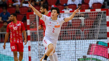 YASUHIRA Kosuke (#2) of Japan reacts after scoring during the final match of Asian men's handball qualification for the 2024 Olympic Games between Bahrain and Japan  at Duhail Handball Sports Hall in Doha, Qatar on 28 October 2023.Japan won the final 29-32
 (Photo by Noushad Thekkayil/NurPhoto via Getty Images)