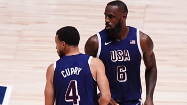 USA v South Sudan - USA Basketball Showcase - O2 Arena. USA's Stephen Curry and LeBron James during the 2024 USA Basketball Showcase at the O2 Arena, London. Picture date: Saturday July 20, 2024. See PA Story BASKETBALL USA. Photo credit should read: Aaron Chown/PA Wire. RESTRICTIONS: Use subject to restrictions. Editorial use only, no commercial use without prior consent from rights holder. URN:76904499