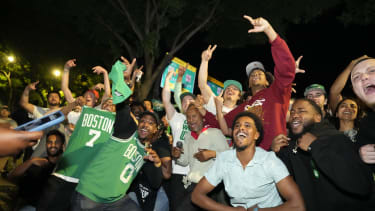 Boston, MA - June 18: Boston Celtics congregate outside of TD Garden after the Celtics won the 2024 NBA Finals. (Photo by Kayla Bartkowski/The Boston Globe via Getty Images)