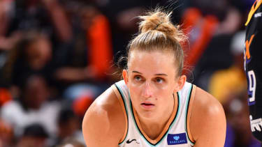 PHOENIX, AZ - AUGUST 26:  Leonie Fiebich #13 of the New York Liberty looks on during the game on August 26, 2024 at Footprint Center in Phoenix, Arizona. NOTE TO USER: User expressly acknowledges and agrees that, by downloading and or using this photograph, user is consenting to the terms and conditions of the Getty Images License Agreement. Mandatory Copyright Notice: Copyright 2024 NBAE (Photo by Barry Gossage/NBAE via Getty Images)