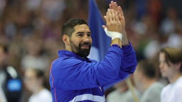 DORTMUND, GERMANY - JULY 13: Nikola Karabatic of France applauds the fans ahead of the International Handball friendly match between Germany and France on July 13, 2024 in Dortmund, Germany.  (Photo by Ralf Ibing - firo sportphoto/Getty Images)