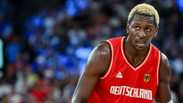 Isaac Bonga (Germany) Looks on during the Men™s Basketball semi-final match between France and Germany on Day 13 of the Olympic Games, Olympische Spiele, Olympia, OS Paris 2024 at Bercy Arena on August 8, 2024 in Paris, France.