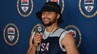 LAS VEGAS, NV - JULY 7: Stephen Curry #4 of the USA Basketball Men's Team talks to the media during USAB Men's Training Camp in Las Vegas on July 7, 2024 in Las Vegas Nevada. NOTE TO USER: User expressly acknowledges and agrees that, by downloading and/or using this Photograph, user is consenting to the terms and conditions of the Getty Images License Agreement. Mandatory Copyright Notice: Copyright 2024 NBAE (Photo by Juan Ocampo/NBAE via Getty Images)