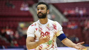 Bahrain's centre back Husain Al Sayyad reacts during the Men's World Handball Championship Group IV match between USA and Bahrain in Malmo, Sweden, on January 19, 2023. - - Sweden OUT (Photo by Johan Nilsson/TT / TT NEWS AGENCY / AFP) / Sweden OUT (Photo by JOHAN NILSSON/TT/TT NEWS AGENCY/AFP via Getty Images)
