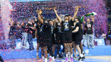 ISTANBUL, TURKEY- APRIL 24:Championship celebration of Niners Chemnitz during the European champion in the FIBA Europe Cup final at the Ülker Event and Sports Hall on April 24, 2024 in Istanbul, Turkey.(Photo by Saycan Sayim/ dia images via Getty Images)