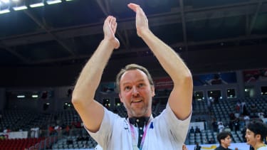 Head coach of Japan SIGURDSSON Dagur celebrates after winning the final match of Asian mens handball qualification for the 2024 Olympic Games between Bahrain and Japan  at Duhail Handball Sports Hall in Doha, Qatar on 28 October 2023.Japan won the final 29-32
 (Photo by Noushad Thekkayil/NurPhoto via Getty Images)