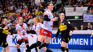 Handball: DHB-Pokal, Final4, Halbfinale - HB Ludwigsburg - Borussia Dortmund Anne With Johansen (Ludwigsburg) Stuttgart Porsche Arena Baden-Württemberg Deutschland *** Handball DHB Pokal, Final4, semi-final HB Ludwigsburg Borussia Dortmund Anne With Johansen Ludwigsburg Stuttgart Porsche Arena Baden Württemberg Germany