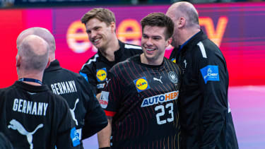 Renars Uscins (Germany , Nr. 23) (L-R), Germany (black) against Austria (red) (3. Matchday of the 2024 IHF s Olympic Qualification Tournament) (17.03.2024, ZAG Arena (Hannover, GER), *** Renars Uscins Germany , Nr 23 L R , Germany black against Austria red 3 Matchday of the 2024 IHF s Olympic Qualification Tournament 17 03 2024, ZAG Arena Hannover, GER , Copyright: xJanxGuentherx xTSVxHannover-Burgdorfx