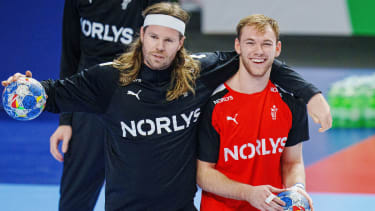 Mikkel Hansen and Mathias Gidsel during the Danish team's training session in the Lanxness Arena in Cologne, Germany, Thursday January 25, 2024. Denmark will play against Germany in the EHF 2024 Mens European Handball Championship semifinal Friday