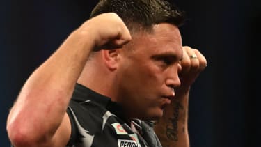RECORD DATE NOT STATED 29th December 2022, Alexandra Palace, London, England; 2022 23 PDC Cazoo World Darts Championships Day 12 Evening Session; Gerwyn Price celebrates winning his match with Jose de Sousa 4-1 PUBLICATIONxNOTxINxUK ActionPlus12462151 SimonxWest