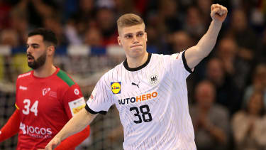 FLENSBURG, GERMANY - JANUARY 04: Martin Hanne of Germany celebrates after scoring during the Men's International Friendly Handball match between Germany and Portugal at Flens-Arena on January 04, 2024 in Flensburg, Germany. (Photo by Cathrin Mueller/Getty Images)