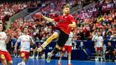 USA's left wing Nikolas Zarikos jumps to shoot during the Men's IHF World Handball Championship Group IV match between the USA and Denmark in Malmo, Sweden on January 21, 2023. - - Sweden OUT (Photo by Andreas HILLERGREN / TT NEWS AGENCY / AFP) / Sweden OUT (Photo by ANDREAS HILLERGREN/TT NEWS AGENCY/AFP via Getty Images)