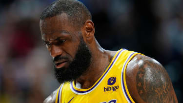 Los Angeles Lakers forward LeBron James (23) in the first half of Game 5 of an NBA basketball first-round playoff series Monday, April 29, 2024, in Denver. (AP Photo/David Zalubowski)