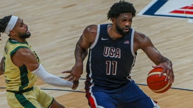 ABU DHABI, UAE - JULY 15: Joel Embiid (11) of USA in action during the friendly match between United States and Australia ahead of Paris 2024 Olympics, at Etihad Arena in Abu Dhabi, United Arab Emirates on July 15, 2024. Waleed Zein / Anadolu