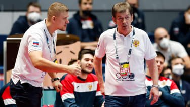 Pavel ANDREEV (78), Valentin BUZMAKOV (assistant coach) and Velimir PETKOVIC (coach) during the handball match Germany vs Russia, Men™s EHF EURO 2022 Hungary, Slovakia, Bratislava, 25.01.2021, PUBLICATIONxNOTxINxSLOxCROxSRB Copyright: xJozoxCabrajax xkolektiffx