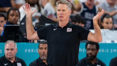 PARIS, FRANCE - AUGUST 08: Head coach Steve Kerr of US reacts during the Men's basketball semifinals match between United States and Serbia on day thirteen of the Olympic Games Paris 2024 at Bercy Arena on August 08, 2024 in Paris, France. Aytac Unal / Anadolu