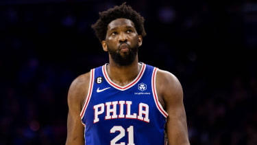 Philadelphia, United States of America, February 27th 2023 Joel Embiid (21 Sixers) reacts during the National Basketball League game between the Philadelphia 76ers and the Miami Heat at the Wells Fargo Center in Philadelphia, United States on February 27, 2023. (Colleen Claggett SPP) PUBLICATIONxNOTxINxBRAxMEX Copyright: xColleenxClaggett SPPx spp-en-CoCl-2.27.23_SixersvMiamiHeat_ColleenClaggett-2147