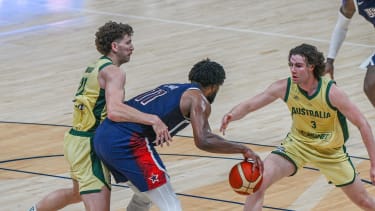 ABU DHABI, UAE - JULY 15: Joel Embiid (11) of USA in action during the friendly match between United States and Australia ahead of Paris 2024 Olympics, at Etihad Arena in Abu Dhabi, United Arab Emirates on July 15, 2024. Waleed Zein / Anadolu