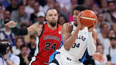 LILLE, FRANCE - JULY 27: Dillon Brooks #24 of Team Canada defends Giannis Antetokounmpo #34 of Team Greece during the Men's Group Phase - Group A game between Greece and Canada on day one of the Olympic Games Paris 2024 at Stade Pierre Mauroy on July 27, 2024 in Lille, France. (Photo by Gregory Shamus/Getty Images)