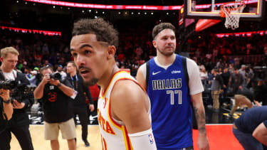 June 4, 2024: The Dallas Mavericks Luka Doncic (77) talks with the Atlanta Hawks Trae Young (11) after a game at State Farm Arena on Jan. 26, 2024, in Atlanta. The Mavericks won, 148-143, as Doncic scored a franchise-record 73 points. - ZUMAm67_ 20240604_zaf_m67_029 Copyright: xJasonxGetzx