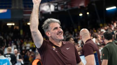 May 2, 2024, Barcelona, EspanA, Spain: Coach of Barcelona team, Carlos Ortega, celebrates a win during the second leg of the handball Champions League quarterfinals played in Barcelona.