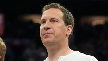 Phoenix Suns owner Mat Ishbia watches players warm up prior to Game 4 of an NBA basketball first-round playoff series against the Minnesota Timberwolves Sunday, April 28, 2024, in Phoenix. The Timberwolves won 122-116, taking the series 4-0. (AP Photo/Ross D. Franklin)