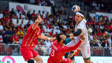 HABIB Mohamed (#93) of Bahrain and YOSHIDA Shuichi (#13) of Japan during the final match of Asian mens handball qualification for the 2024 Olympic Games between Bahrain and Japan  at Duhail Handball Sports Hall in Doha, Qatar on 28 October 2023.Japan won the final 29-32
 (Photo by Noushad Thekkayil/NurPhoto via Getty Images)