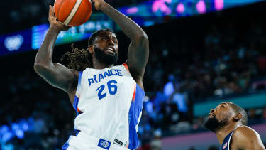 August 10, 2024, Paris, Paris, FRANCE: Mathias Lessort of France in action during Men s Gold Medal Game of the Basketball between France and United States on Bercy Arena during the Paris 2024 Olympics Games on August 10, 2024 in Paris, France. Paris FRANCE - ZUMAa181 20240810_zaa_a181_396 Copyright: xManuxReinox