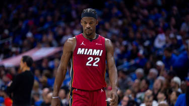 Miami Heat's Jimmy Butler looks on during the NBA basketball play-in tournament game against the Philadelphia 76ers, Wednesday, April 17, 2024, in Philadelphia. The 76ers won 105-104.(AP Photo/Chris Szagola)