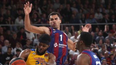 Josh Nebo and Oscar da Silva are playing in the match between FC Barcelona and Maccabi Playtika Tel Aviv for week 33 of the Turkish Airlines Euroleague at the Palau Blaugrana in Barcelona, Spain, on April 4, 2024. (Photo by Joan Valls/Urbanandsport/NurPhoto)