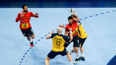 BUDAPEST, HUNGARY - JANUARY 30: Daniel Sarmiento Melian of Spain  and Agustin CASADO MARCELO  during the Men's EHF EURO 2022 Final match between Spain and Sweden at MVM DOME on January 30, 2022 in Budapest, Hungary. (Photo by Kolektiff Images/DeFodi Images via Getty Images)