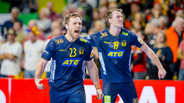 Schweden, Handball-EM 2024, Albin Lagergren (Vordergrund) und Felix Claar