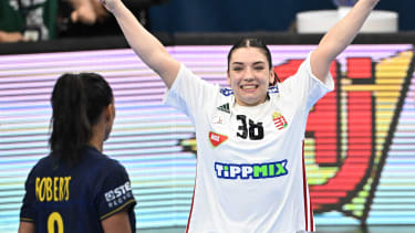 Hungary's center back #38 Petra Vamos celebrates their victory after the women's Handball Olympic qualifying match between Sweden and Hungary in Debrecen, Hungary on April 12, 2024. (Photo by ATTILA KISBENEDEK / AFP) (Photo by ATTILA KISBENEDEK/AFP via Getty Images)