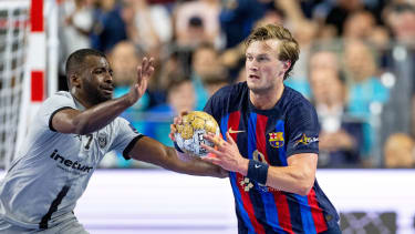 COLOGNE, GERMANY - JUNE 18: Jonathan Carlsbogard of Barcelona is challenged by Sadou Ntanzi of Paris during the EHF FINAL4 Men Champions League bronze medal match between Barca v Paris Saint-Germain Handball at Lanxess Arena on June 18, 2023 in Cologne, Germany. (Photo by Frederic Scheidemann/Getty Images)