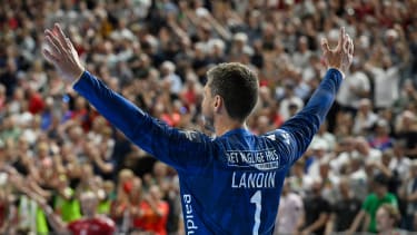 Aalborg's goalkeeper Niklas Jacobsen Landin celebrates after the men's EHF Champions league Final 4 Handball semi-final match SC Magdeburg v Aalborg Handbold in Cologne, western Germany, on June 8, 2024. (Photo by Roberto Pfeil / AFP) (Photo by ROBERTO PFEIL/afp/AFP via Getty Images)