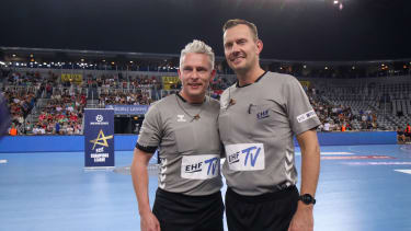 ZAGREB, CROATIA - OCTOBER 12: Referees Robert Schulze and Tobias Tonnies of Germany pose for a photo before the EHF Champions League Group Phase match between RK Zagreb and Aalborg Handbold at Arena Zagreb on October 12, 2023 in Zagreb, Croatia. Photo: Luka Stanzl/PIXSELL