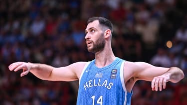 Georgios Papagiannis of Greece is playing during the FIBA Olympic Qualifying Tournament 2024 Final match between Croatia and Greece at Peace & Friendship Stadium in Piraeus, Greece, on July 7, 2024. (Photo by Stefanos Kyriazis/NurPhoto)