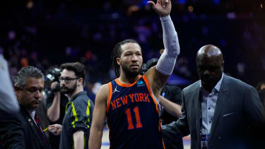 New York Knicks' Jalen Brunson reacts after Game 4 in an NBA basketball first-round playoff series, Sunday, April 28, 2024, in Philadelphia. (AP Photo/Matt Slocum)