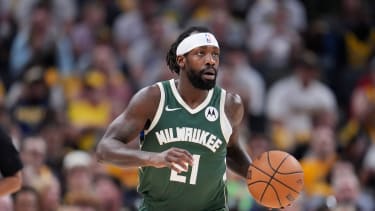 Milwaukee Bucks' Patrick Beverley dribbles during the first half of Game 4 of the first round NBA playoff basketball series against the Indiana Pacers, Sunday, April 28, 2024, in Indianapolis. (AP Photo/Michael Conroy)