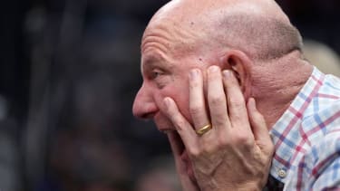 Los Angeles Clippers owner Steve Ballmer cheers during the second half in Game 2 of an NBA basketball first-round playoff series against the Dallas Mavericks Tuesday, April 23, 2024, in Los Angeles. (AP Photo/Mark J. Terrill)