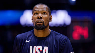 London, England, July 20 2024: Kevin Durant (7 USA) warming up before the USA Basketball Showcase game between USA and South Sudan at The O2 Arena in London, England. (Pedro Porru SPP) PUBLICATIONxNOTxINxBRAxMEX Copyright: xPedroxPorrux xSPPx spp-en-PePoSp-4F8A1334