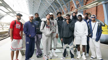 Paris 2024 Olympic Games - Wednesday July 24th. USA's Men's Olympic Basketball team (left to right) Derrick White , Steph Curry, Kevin Durant, Tyrese Haliburton, Lebron James, Joel Embiid, Anthony Edwards, Anthony Davis, Jayson Tatum (at back), Jrue Holiday, Bam Adebayo, and Devin Booker, at the Eurostar Terminal in London St. Pancras International as the team leave for the Paris 2024 Olympic Games. Picture date: Wednesday July 24, 2024. See PA story OLYMPICS Basketball. Photo credit should read: Jonathan Brady/PA Wire. RESTRICTIONS: Use subject to restrictions. Editorial use only, no commercial use without prior consent from rights holder. URN:76934788