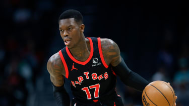 Toronto Raptors guard Dennis Schroder brings the ball up court during the first half of an NBA basketball game against the Charlotte Hornets in Charlotte, N.C., Wednesday, Feb. 7, 2024. (AP Photo/Nell Redmond)