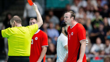 240727 Sander Sagosen of Norway after receiving a red card in men™s preliminary round handball match between Norway and Argentina during day 1 on July 27, 2024 in Paris. Photo: Jon Olav Nesvold BILDBYRAN COP 217 JE0081 handball handboll handball paris 2024 olympics day 1 norway - argentina bbeng depp