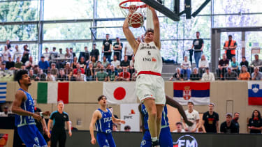 Hannes Steinbach (#6, Germany U18/Wuerzburg Baskets Akademie) beim Wurfbeim Spiel um Platz 3 des Albert Schweitzer Turnier 2024, Italien - Deutschland. xlax, 06.04.24