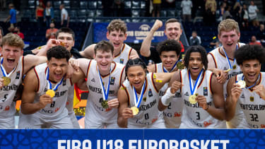 29.07.2023 Nis Nisch Serbia-Germany European U18 Juniors Championship men s basketball semi-final Jared Grey,Christian Anderson,Ivan Kharchenkov,Johann Grünloh Germany players during match :