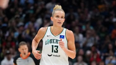 New York Liberty forward Leonie Fiebich in action against the Seattle Storm during the second half of a WNBA basketball game Friday, Aug. 30, 2024, in Seattle. The Liberty won 98-85. (AP Photo/Lindsey Wasson)